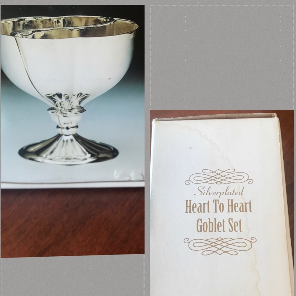 New in box silver plated heart to heart goblet set